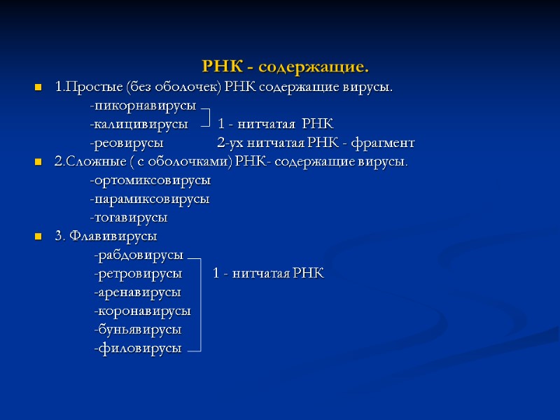 РНК - содержащие. 1.Простые (без оболочек) РНК содержащие вирусы.   -пикорнавирусы  
